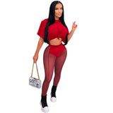 See through Pants Suit Summer Fashion Women's Wear Solid Color Short Sleeve Sexy Tight Mesh