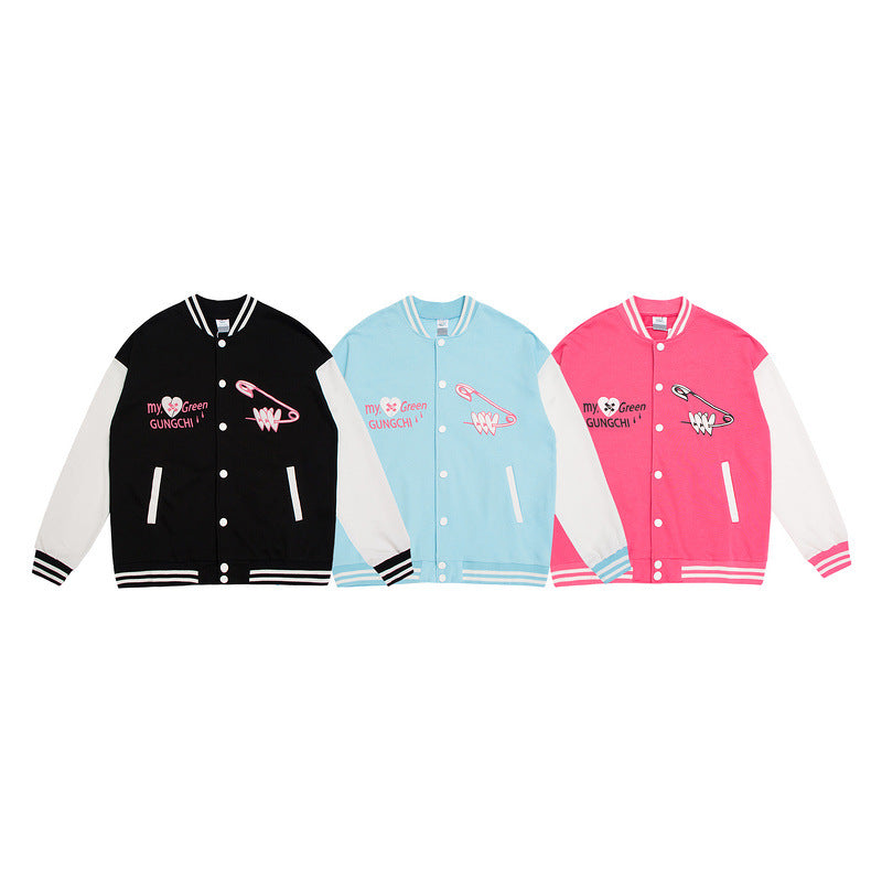 Mens Fall Outfits Cartoon Foam Printed Color Matching Sleeve Couple Baseball Uniform Coat Sports Jacket