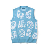 Men Sweater Vest Contrast Color Letter Jacquard Sleeveless Sweater Vest Men's Loose round Neck Sweater Vest