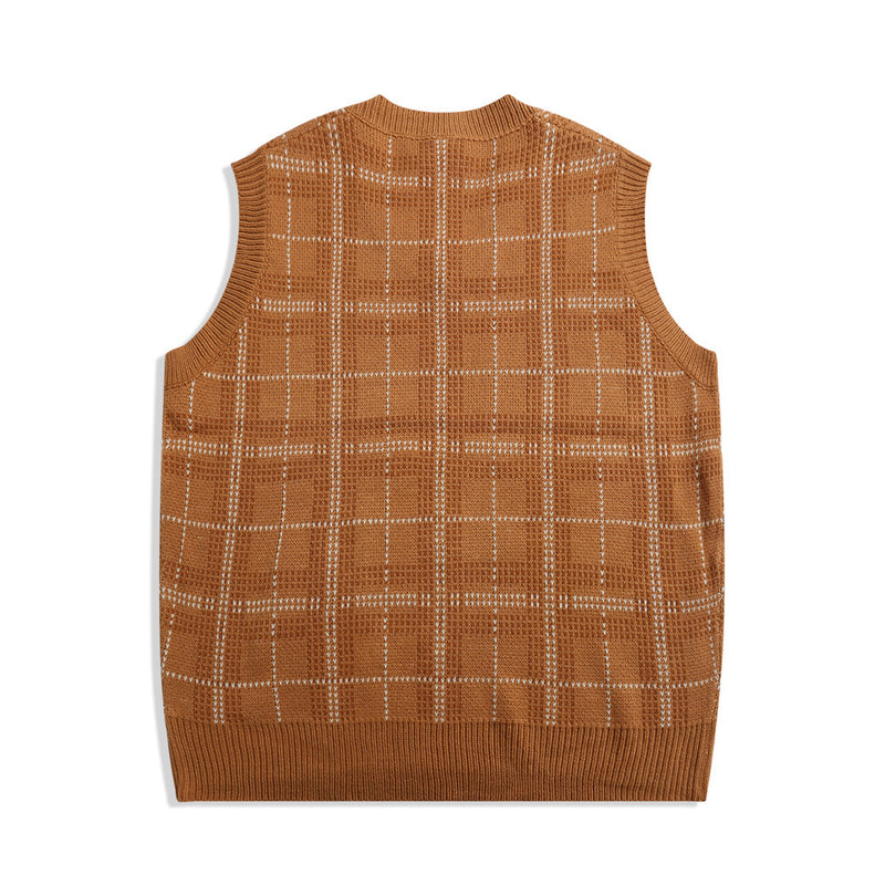 Men Sweater Vest BF Idle Style Plaid Sweater Vest Men's Autumn Loose V-neck Sleeveless Sweater Vest