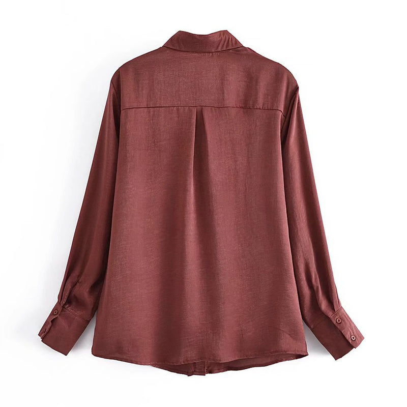 Women Fall Outfits Autumn Satin Chocolate Loose Shirt Single-Breasted Mid-Length Top
