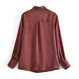Women Fall Outfits Autumn Satin Chocolate Loose Shirt Single-Breasted Mid-Length Top