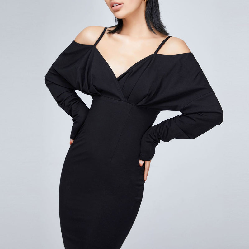 Women Spring Dress Autumn Solid Color off-the-Shoulder Strap Top Baggy Package Hip Tight Skirt Long Sleeve Waist-Tight Sexy Black Dress