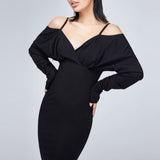 Women Spring Dress Autumn Solid Color off-the-Shoulder Strap Top Baggy Package Hip Tight Skirt Long Sleeve Waist-Tight Sexy Black Dress