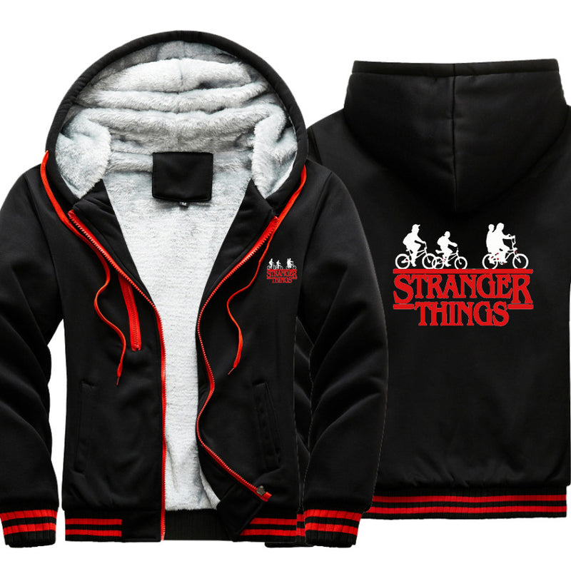 Stranger Things Hoodie Winter Thickened Velvet Padded Color Block Printed Cardigan Zipper Hooded Jacket