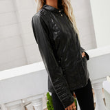 Cute Leather Jacket Autumn and Winter Stand Collar Long-Sleeve Zipper Solid Color Leather Jacket Coat Women