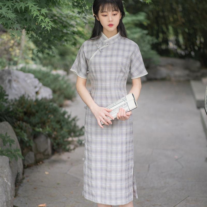 Women Cottagecore Dress Summer Vintage Artistic Plaid Teenage Leisure Cheongsam