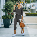 Women Fall Outfits Autumn and Winter Solid Color round Neck Slimming Long Sleeves Jumpsuit