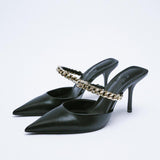 Finn Chain Pointed Toe Mule Closed Toe Sandals Women's Summer Stiletto Heel Pointed-Toe Semi-Slippers