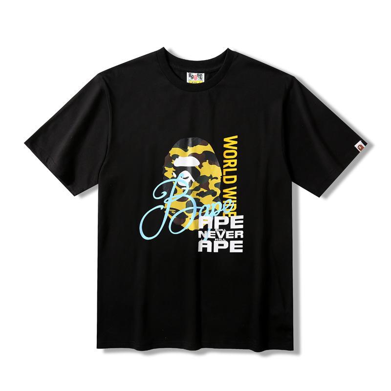 Shark Print T Shirt Summer Camouflage Ape Head Contrast Color Letter Print Short-Sleeve T-Shirt