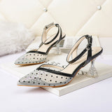 Nude Block Heels Closed Toe Rhinestone Sandals Stiletto Women's Shoes