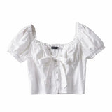 90S Fashion French Style Vintage Court Style Bow Tie Puff Sleeve Top Summer Chiffon Shirt