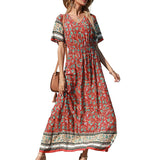 Emery Rose Dresses Cotton Printed Bohemian Dress Short Sleeve Maxi Dress
