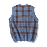 Men Sweater Vest Plaid Sweater Vest Men's V-neck Vest Boyfriend Harajuku Style Loose Street Sleeveless Jacket