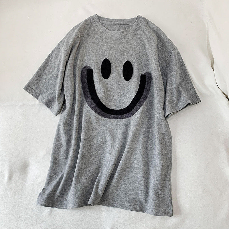 Smiley Face T Shirt round Neck Pullover Smiling Face Embroidery Loose Short Sleeve T-shirt