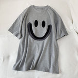 Smiley Face T Shirt round Neck Pullover Smiling Face Embroidery Loose Short Sleeve T-shirt