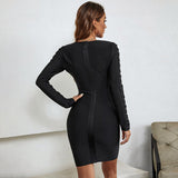 Winter Formal Dresses Tight Waist Sheath Long Sleeve Dress Black Waist Skirt