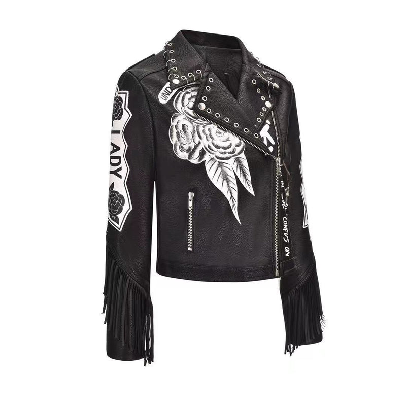 Punk Rock Jacket Graffiti Rivet Print Short Motorcycle Leather Coat