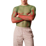 Men Rave T Shirt Long Sleeve See-through Men Green Gradient Stretch Transparent Sexy T-shirt