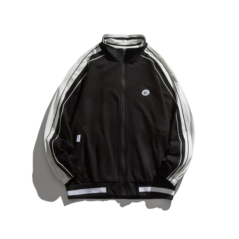 Black Varsity Jacket Autumn Stand Collar Jacket Men's Stitching Contrast Color Retro Labeling Handsome Jacket