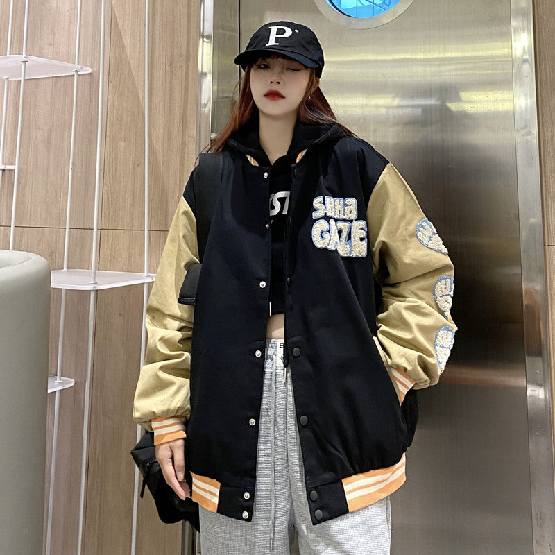 Brown Varsity Jacket Fashionable Coat Women's Autumn Loose Design Flocking Letter Street Retro Baseball Uniform