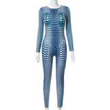 Summer 3D Printed round Neck Long Sleeve Slim-Fit Trousers Jumpsuit