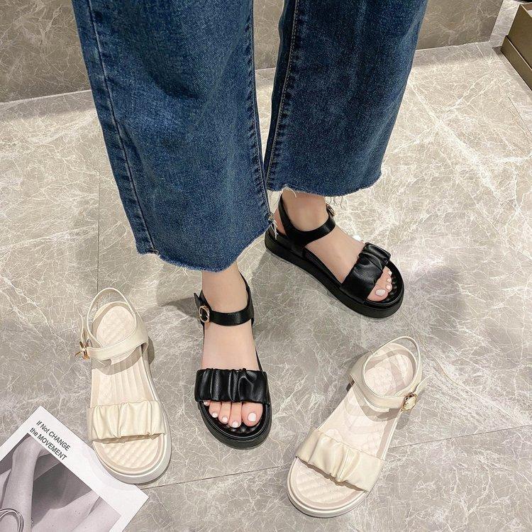Women Open Toe Sandals Flats Summer Fashion Pleated Open Toe Ankle-Strap Buckle Roman Sandals