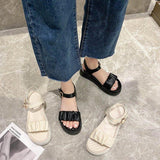 Women Open Toe Sandals Flats Summer Fashion Pleated Open Toe Ankle-Strap Buckle Roman Sandals