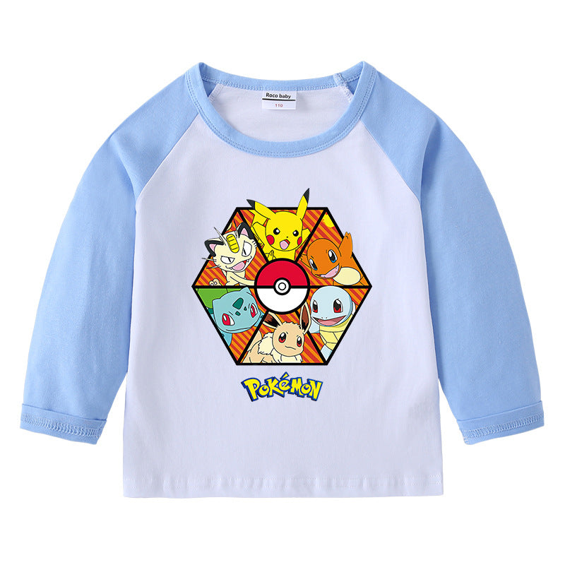 Children Pokemon Pikachu Hoodie Spring and Autumn round Neck Cartoon Long Sleeve T-shirt Cotton