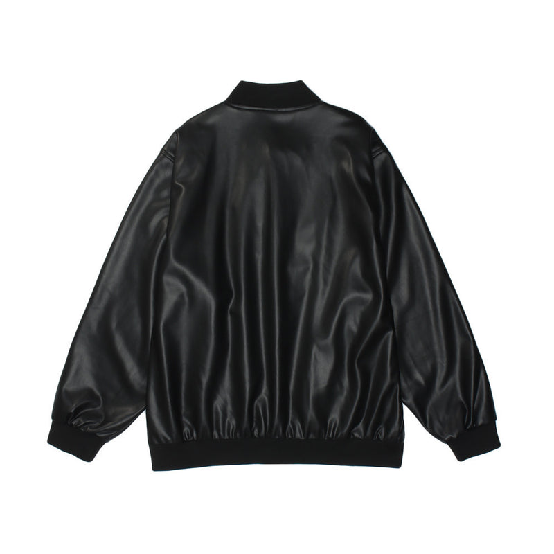 Beige Varsity Jacket Dark Letters Embroidered PU Leather Coat Men's Stand Collar Jacket Top