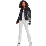 Women Denim Jacket Fashion Black Denim Jacket Spring and Autumn Print Turn-down Collar Coat