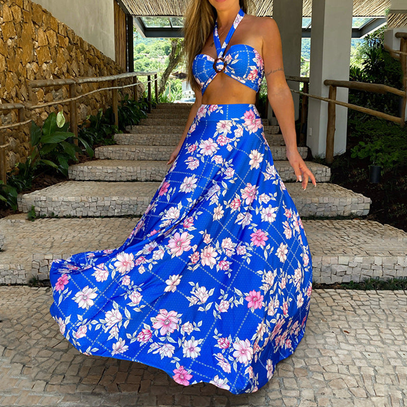 Bohemian Coachella Outfits Evening Dress Sling Blue Digital Printing Tutu Skirt