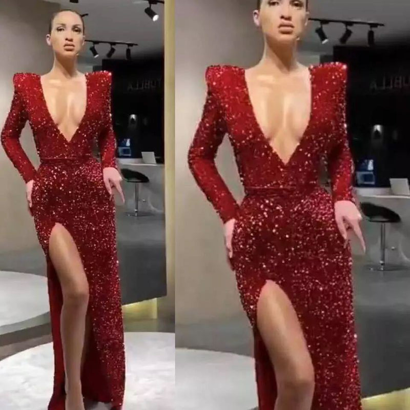 Lady Gaga Dress Sexy Long Sleeve Embroidered Sequined Dress Split Dress