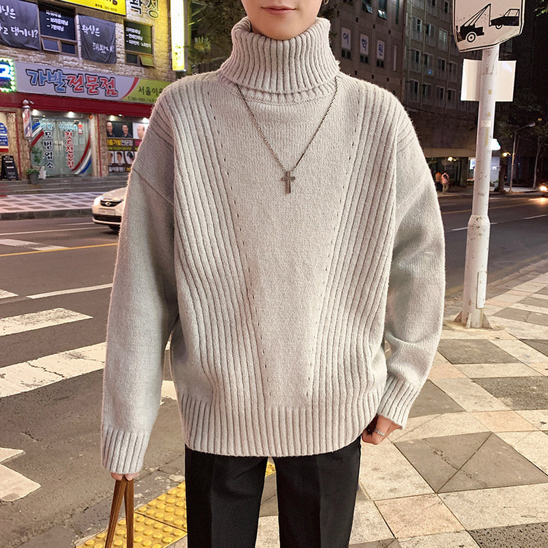 Men Turtleneck Sweater Solid Color Turtleneck Sweater Men's Baggy Coat Sweater