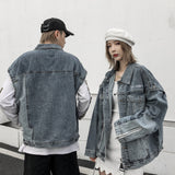 Men Denim Coat Jean Jackets Detachable Cuff Stitching Denim Clothes Jacket Men's Loose Lapels Two-Way Wear Vest Coat