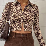 90S Outfits Vintage Floral Lapel Cardigan Top Women's Long-Sleeved Cropped Shirt