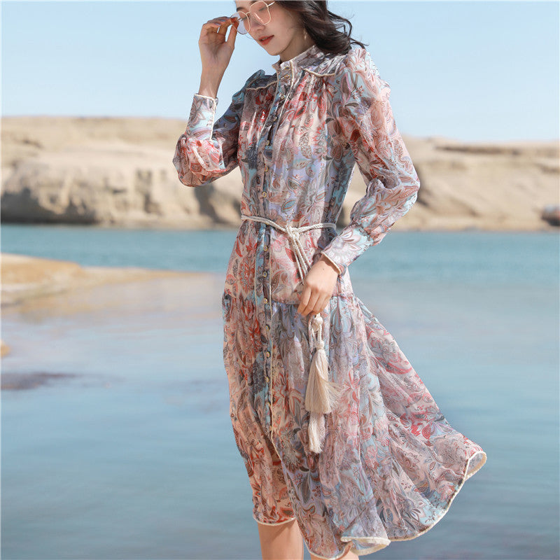 Emery Rose Dresses Vintage Court Style Printed Waist-Controlled Long Dress Chiffon Floral Dress