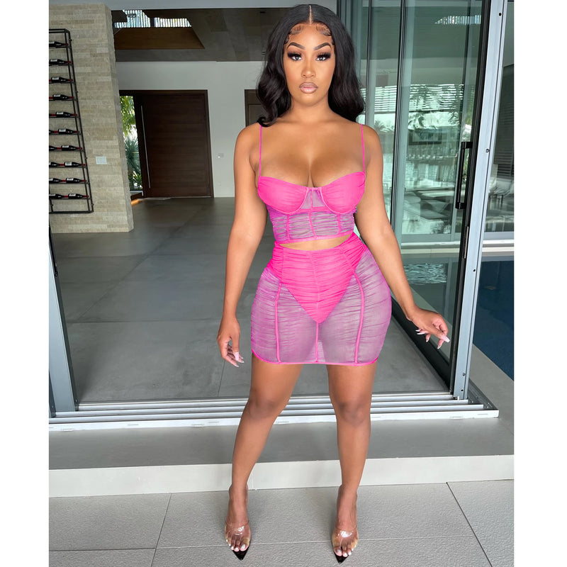 See through Pants Suit Summer Fashion Sexy Sling Solid Color Milk Silk Mesh See-through Skirt
