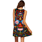 Skull Dress Summer Women'S Dress Small Floral Skull 3d Digital Printed Round Neck