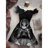 Skull Dress Digital Printing Drawstring Short Sleeve Dress Autumn
