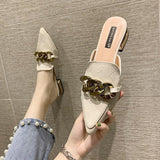 Finn Chain Pointed Toe Mule Closed Toe Half Slippers Summer Women's Pointed-Toe Mules Shoes Half Support