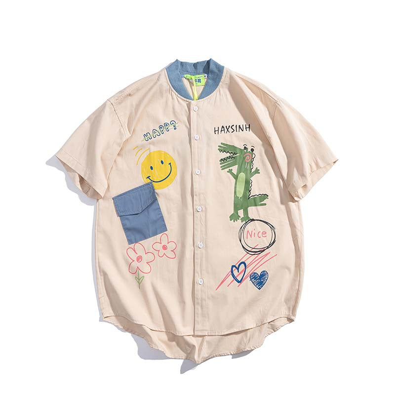 Baggy Baseball Jersey Animal Smiley Printed Cotton Short-Sleeved Shirt Men's Loose Casual