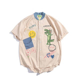 Baggy Baseball Jersey Animal Smiley Printed Cotton Short-Sleeved Shirt Men's Loose Casual