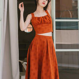 Women Retro Cottagecore Vintage Dress High Waist Orange Skirt Slimming Spaghetti Straps Sleeveless Two-Piece Set