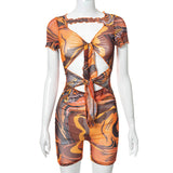 Summer Tie-Dye Sexy Short Sleeve Lace-up Midriff-Baring Slim-Fit One-Piece Shorts