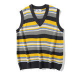 Men Sweater Vest Mixed Color Stripe V-neck Sweater Vest Men's Loose Sleeveless Sweater Idle Style Waistcoat Vest