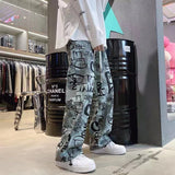 Men Pants Men's Loose Straight Floral Print Casual Jumpsuit