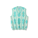 Men Sweater Vest Rhombus Jacquard Contrast Color Knitted Vest Men's Boyfriend Harajuku Style Loose V-neck Waistcoat Sleeveless Sweater