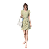 Aesthetic Dress Summer Puff Sleeve Retro Green Short Skirt for Women