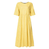 Gingham Dress Spring Plaid Summer Leisure Artistic Temperament Short Sleeve round Neck Swing Dress